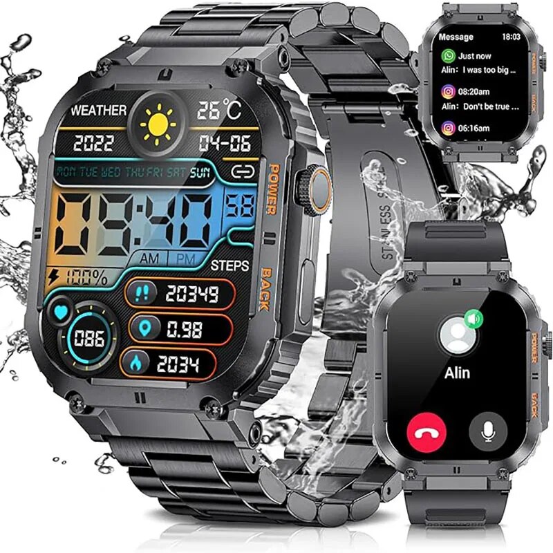 Smartwatch Square Watches For Men - Lige-男性用アウトドアスポーツフィットネススマートウォッチ、1.96インチスクリーン、Bluetooth通話、防水ウォッチ、血中酸素