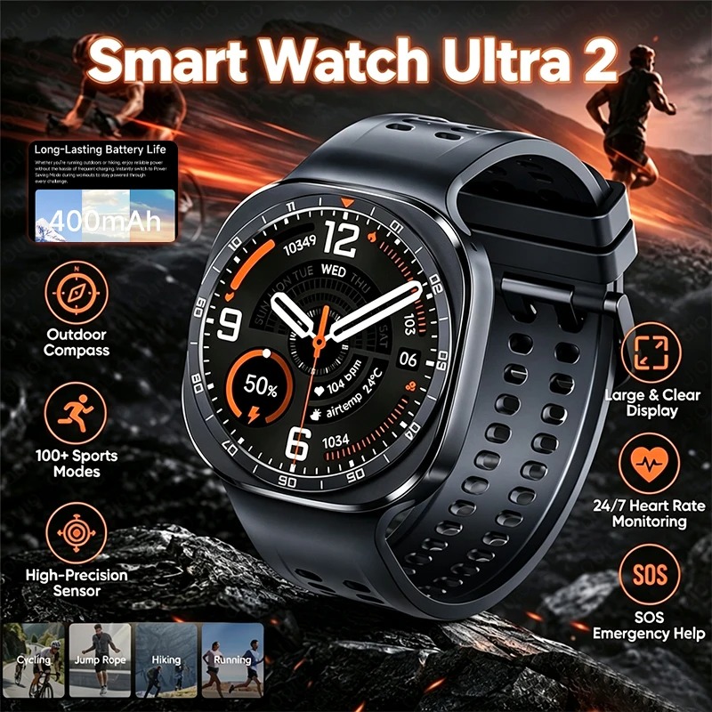 Hybrid Smartwatch - 2026年型 新型スマートウォッチ「Ultra 2」。男性向け。ワイヤレス充電、IP68防水、コンパス、Bluetooth通話、健康モニタリング機能を搭載。47mm。