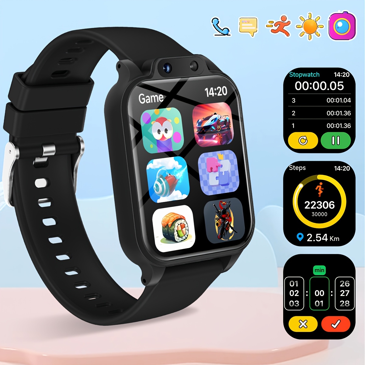 Smartwatch Watches For Boys - 18種類の教育ゲーム、HD自撮り対応、カメラ、USB充電、フォトアルバム、歩数計を搭載した若者向けスマートウォッチ