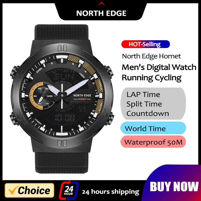 Hybrid Smartwatch - NORTH EDGE メンズスマートウォッチワールドタイムクロックカウントダウンスピードストップウォッチ男性の軍事陸軍スマートウォッチ水泳防水 50 メートル